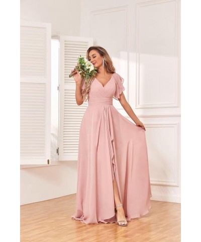 Flutter Sleeve A Line Bridesmaid Dresses Long Chiffon V Neck Women's Formal Dresses with Pockets Grey $22.55 Dresses