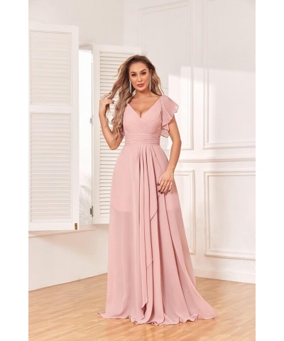 Flutter Sleeve A Line Bridesmaid Dresses Long Chiffon V Neck Women's Formal Dresses with Pockets Grey $22.55 Dresses