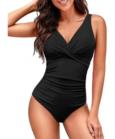 Women's One Piece Swimsuit Tummy Control Slimming Push Up Bathing Suits Wrap V Neck Modest Swimwear Black $17.81 Swimsuits