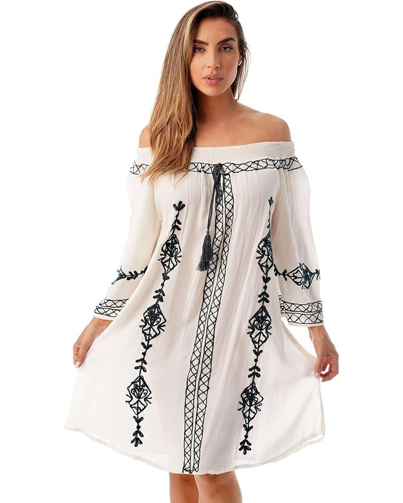 Off Shoulder Short Dress with Embroidery Swimsuit Cover Up White / Charcoal $16.19 Dresses