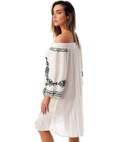 Off Shoulder Short Dress with Embroidery Swimsuit Cover Up White / Charcoal $16.19 Dresses