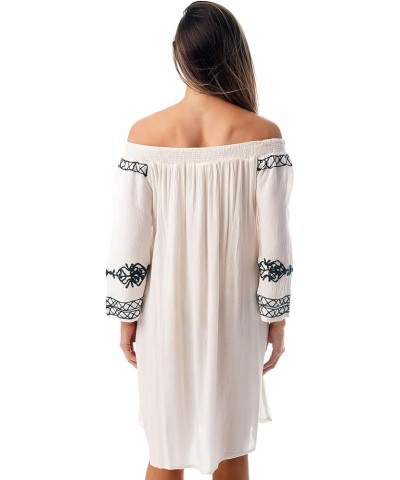 Off Shoulder Short Dress with Embroidery Swimsuit Cover Up White / Charcoal $16.19 Dresses