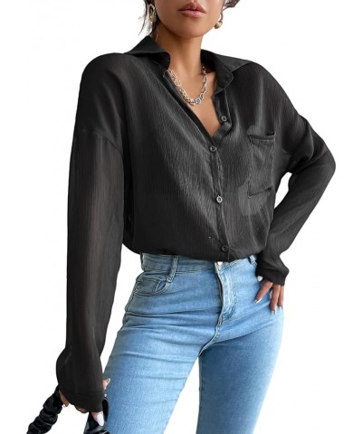 Women's Button Front Long Sleeve Mesh Shirt See Through Sheer Blouse Tops Black Plain $14.00 Blouses