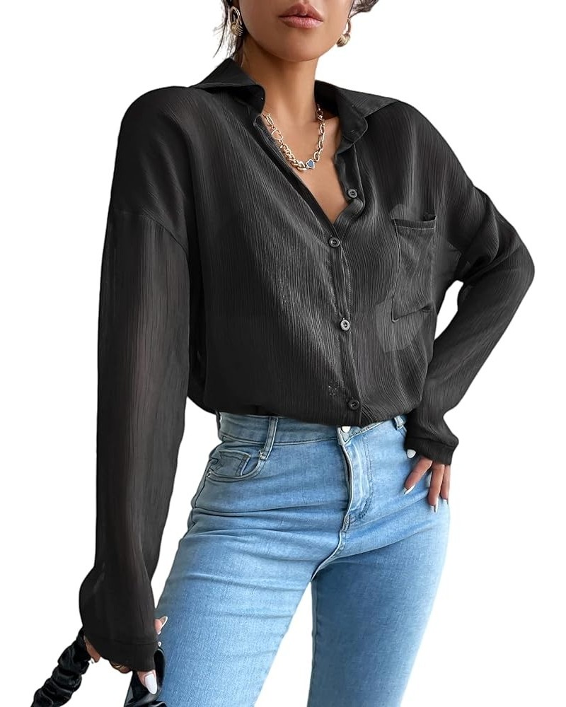 Women's Button Front Long Sleeve Mesh Shirt See Through Sheer Blouse Tops Black Plain $14.00 Blouses