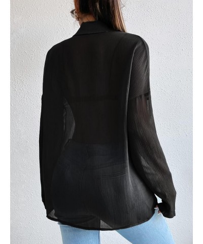 Women's Button Front Long Sleeve Mesh Shirt See Through Sheer Blouse Tops Black Plain $14.00 Blouses