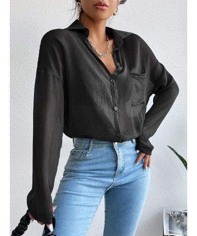 Women's Button Front Long Sleeve Mesh Shirt See Through Sheer Blouse Tops Black Plain $14.00 Blouses