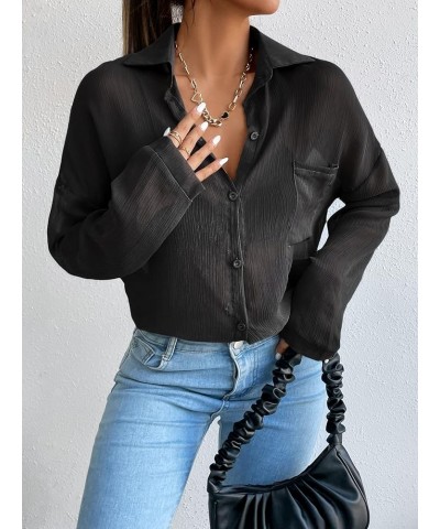 Women's Button Front Long Sleeve Mesh Shirt See Through Sheer Blouse Tops Black Plain $14.00 Blouses