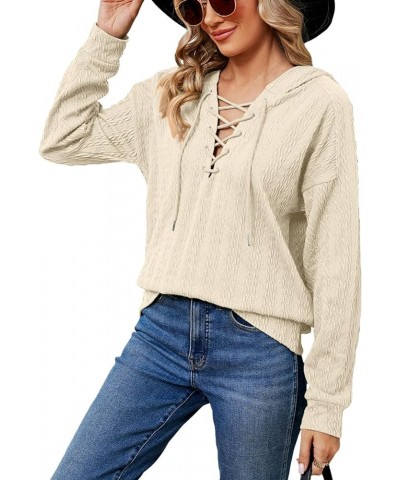 Women Lace Up V Neck Drawstring Hoodies Pure Color Soft Long Sleeve Sweatshirt Pullover Tops Apricot $13.73 Hoodies & Sweatsh...