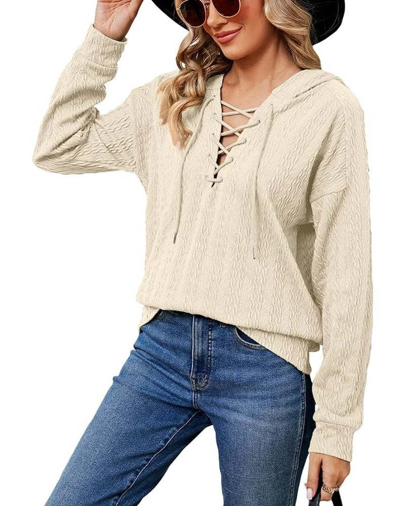 Women Lace Up V Neck Drawstring Hoodies Pure Color Soft Long Sleeve Sweatshirt Pullover Tops Apricot $13.73 Hoodies & Sweatsh...