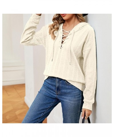 Women Lace Up V Neck Drawstring Hoodies Pure Color Soft Long Sleeve Sweatshirt Pullover Tops Apricot $13.73 Hoodies & Sweatsh...