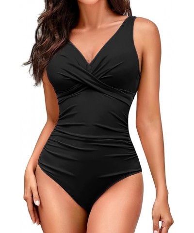 Women's One Piece Swimsuit Tummy Control Slimming Push Up Bathing Suits Wrap V Neck Modest Swimwear Black $17.81 Swimsuits