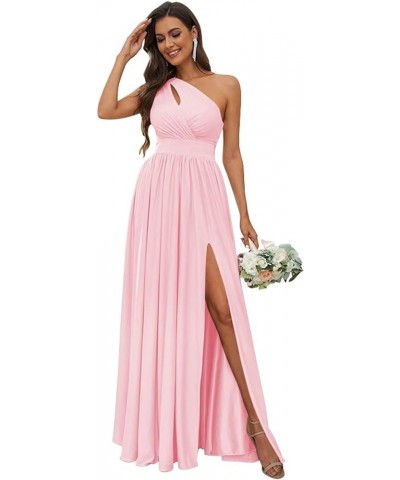 One Shoulder Bridesmaid Dresses with Slit Long A-line Pleated Chiffon Formal Party Dresses YO037 Pink $23.10 Dresses