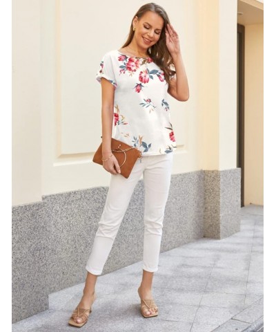 Women's 2023 Short Sleeve T Shirts Basic Loose Tunic Tops Batwing Sleeve Casual Tee Flower White $10.61 Tops