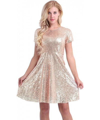 Women's Shiny Sequins Short Sleeve A-line Dress Cocktail Evening Party Bridesmaid Dress Gold $9.31 Dresses