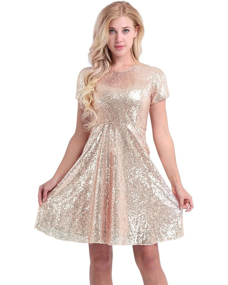 Women's Shiny Sequins Short Sleeve A-line Dress Cocktail Evening Party Bridesmaid Dress Gold $9.31 Dresses