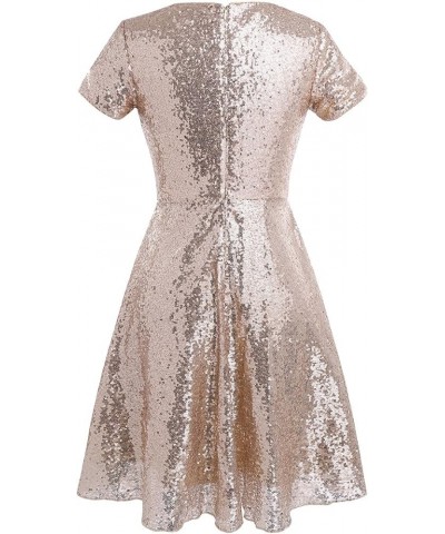 Women's Shiny Sequins Short Sleeve A-line Dress Cocktail Evening Party Bridesmaid Dress Gold $9.31 Dresses