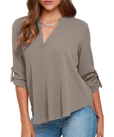 Womens V Neck Chiffon Blouse Long Sleeve Solid Color Tunic Tops Casual Loose Shirts Grey $13.99 Tops