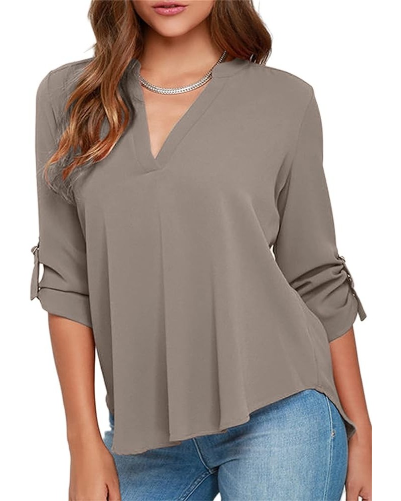 Womens V Neck Chiffon Blouse Long Sleeve Solid Color Tunic Tops Casual Loose Shirts Grey $13.99 Tops