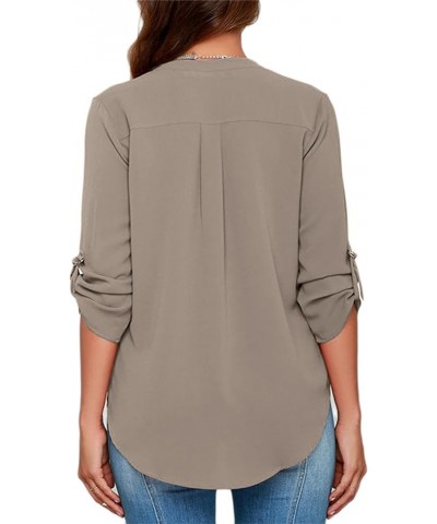 Womens V Neck Chiffon Blouse Long Sleeve Solid Color Tunic Tops Casual Loose Shirts Grey $13.99 Tops