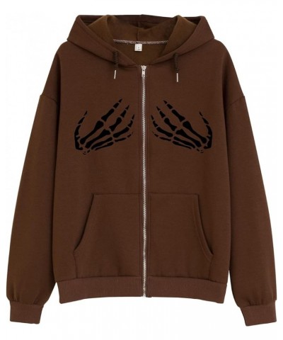 Cool Skeleton Hands Sweatshirt Y2k Oversized Zip Up Hoodie for Women Brown Jacket Aesthetic Grunge Zipper Hoodies Brown $13.7...