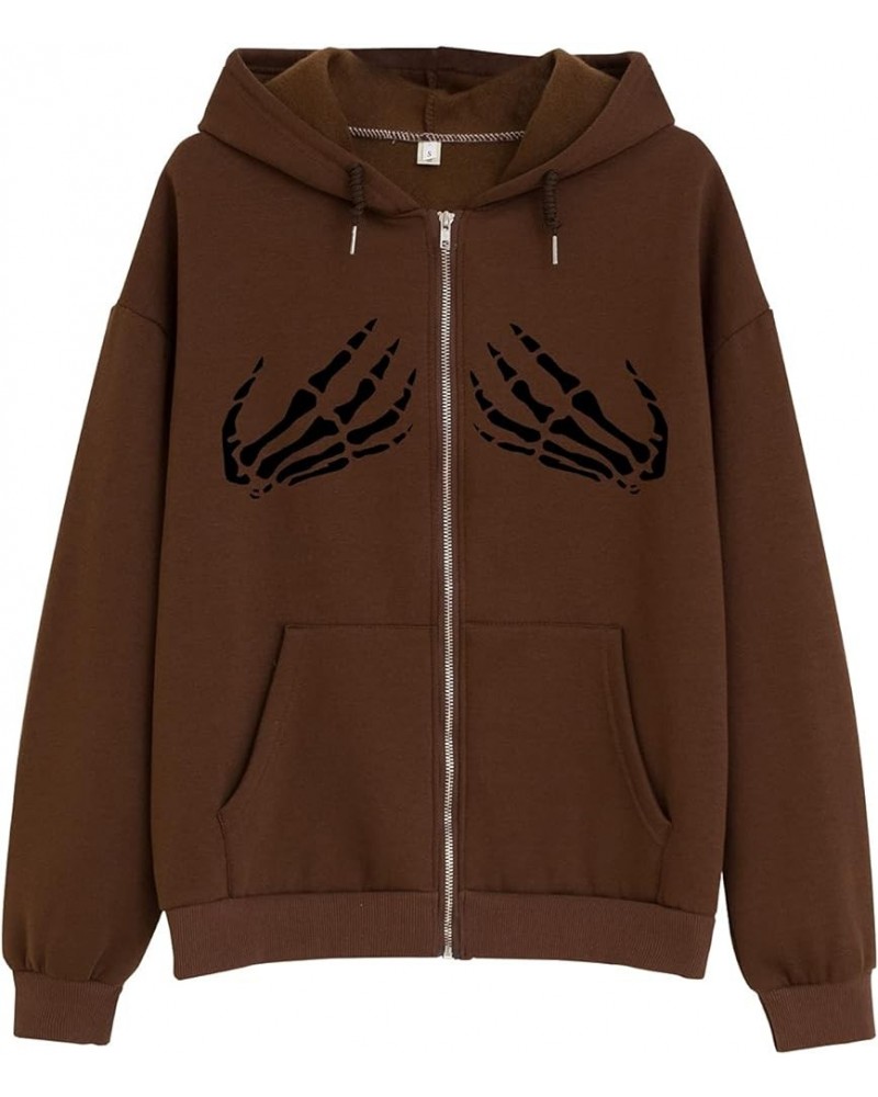 Cool Skeleton Hands Sweatshirt Y2k Oversized Zip Up Hoodie for Women Brown Jacket Aesthetic Grunge Zipper Hoodies Brown $13.7...