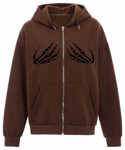 Cool Skeleton Hands Sweatshirt Y2k Oversized Zip Up Hoodie for Women Brown Jacket Aesthetic Grunge Zipper Hoodies Brown $13.7...