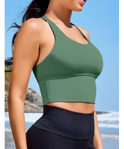 Women Sports Bras Longline Fitness Crop Tops Tank Gym Camisole Strappy Criss Cross Yoga Workout Running Shirts Green Sports B...