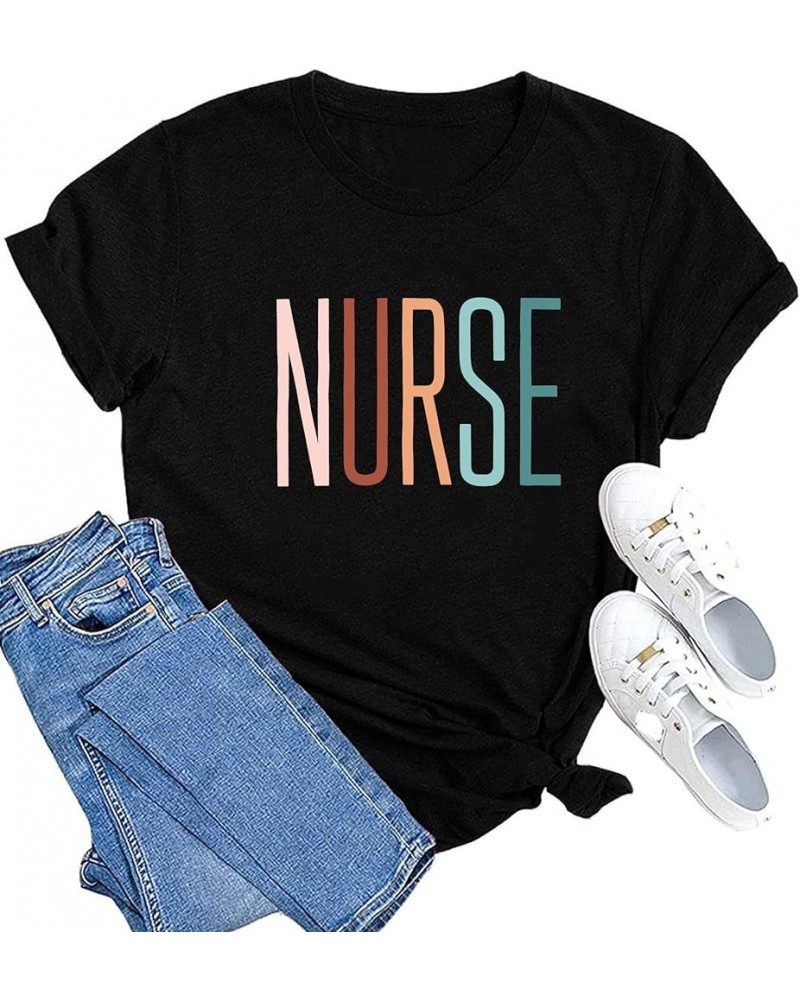 Women Nurse Life Shirt Nurse Letter Print Tee Tops Nurse Day Gifts Shirts Inspirational Short Sleeve Black1 $14.24 T-Shirts