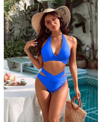 Womens High Waisted Bikini Sets Sexy Halter Push Up Two Piece Swimsuit Criss Cross High Cut Bathing Suits Blue $16.10 Swimsuits