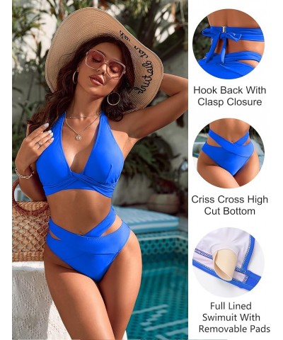 Womens High Waisted Bikini Sets Sexy Halter Push Up Two Piece Swimsuit Criss Cross High Cut Bathing Suits Blue $16.10 Swimsuits