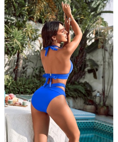 Womens High Waisted Bikini Sets Sexy Halter Push Up Two Piece Swimsuit Criss Cross High Cut Bathing Suits Blue $16.10 Swimsuits