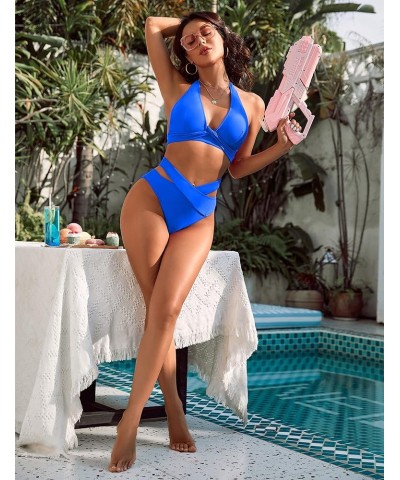 Womens High Waisted Bikini Sets Sexy Halter Push Up Two Piece Swimsuit Criss Cross High Cut Bathing Suits Blue $16.10 Swimsuits