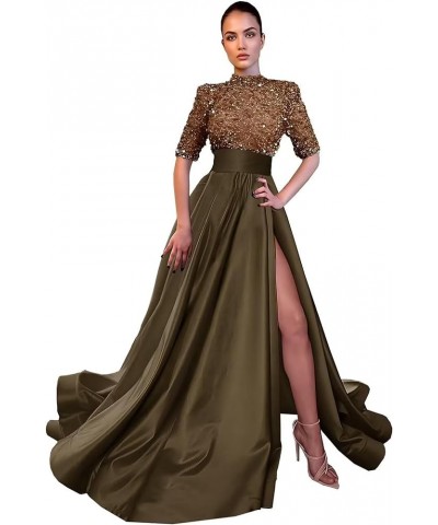 Sequin Prom Dresses for Women 2024 Sparkly Half Sleeves High Neck A Line Satin Formal Evening Ball Gowns with Slit A-brown $3...