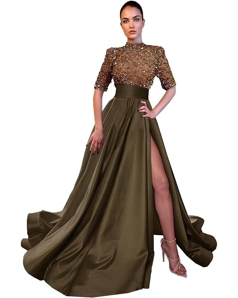 Sequin Prom Dresses for Women 2024 Sparkly Half Sleeves High Neck A Line Satin Formal Evening Ball Gowns with Slit A-brown $3...