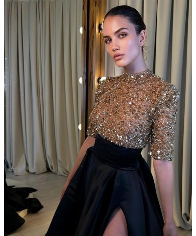 Sequin Prom Dresses for Women 2024 Sparkly Half Sleeves High Neck A Line Satin Formal Evening Ball Gowns with Slit A-brown $3...