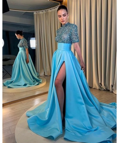 Sequin Prom Dresses for Women 2024 Sparkly Half Sleeves High Neck A Line Satin Formal Evening Ball Gowns with Slit A-brown $3...