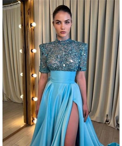 Sequin Prom Dresses for Women 2024 Sparkly Half Sleeves High Neck A Line Satin Formal Evening Ball Gowns with Slit A-brown $3...