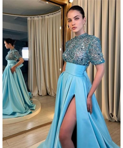 Sequin Prom Dresses for Women 2024 Sparkly Half Sleeves High Neck A Line Satin Formal Evening Ball Gowns with Slit A-brown $3...