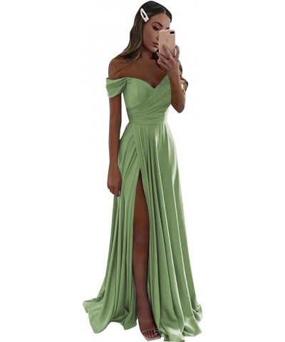 Women's Off The Shoulder Satin Bridesmaid Dresses Long for Wedding Formal Prom Dress with Slit Sage Green $26.22 Dresses