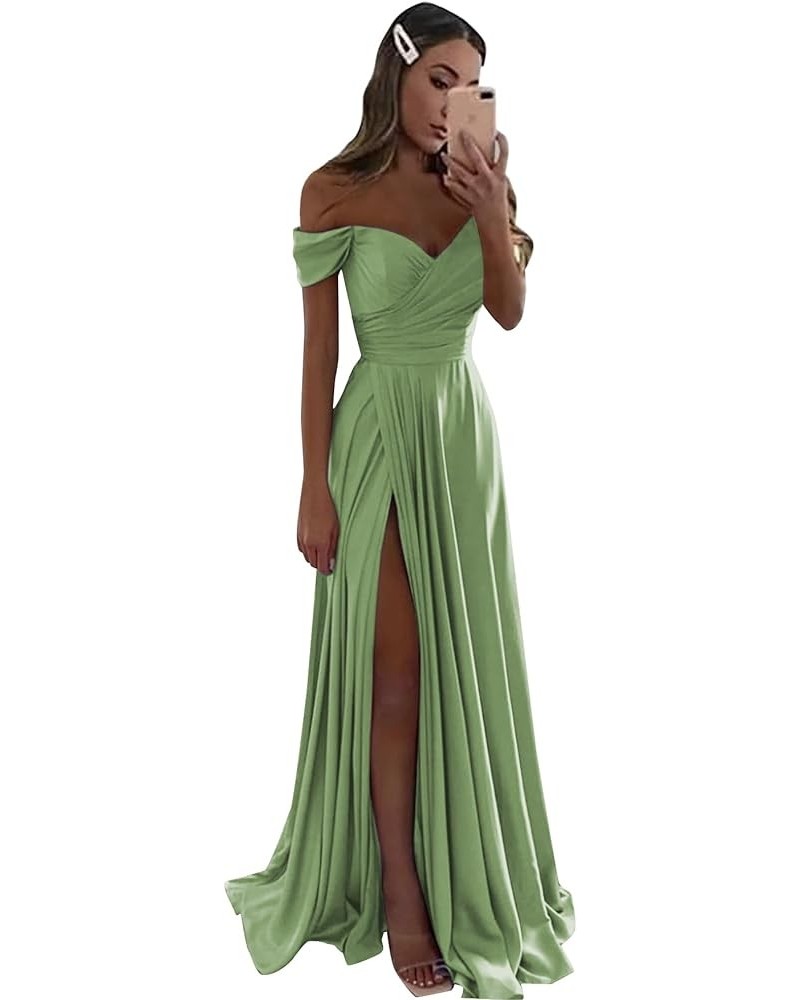 Women's Off The Shoulder Satin Bridesmaid Dresses Long for Wedding Formal Prom Dress with Slit Sage Green $26.22 Dresses