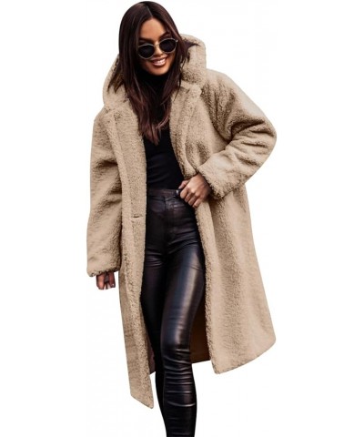 Women's Winter Coats Fuzzy Fleece Long Hooded Jackets Button Down Faux Fur Warm Outwear With Pockets Apricot $17.48 Coats