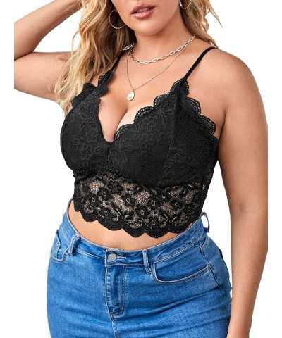 Women's Plus Lace V-Neck Floral Scallop Crop Cami Bust Backless Bralette Black $13.44 Tanks