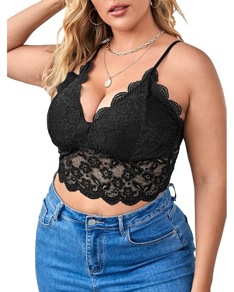 Women's Plus Lace V-Neck Floral Scallop Crop Cami Bust Backless Bralette Black $13.44 Tanks