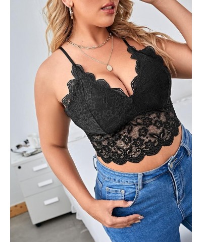 Women's Plus Lace V-Neck Floral Scallop Crop Cami Bust Backless Bralette Black $13.44 Tanks