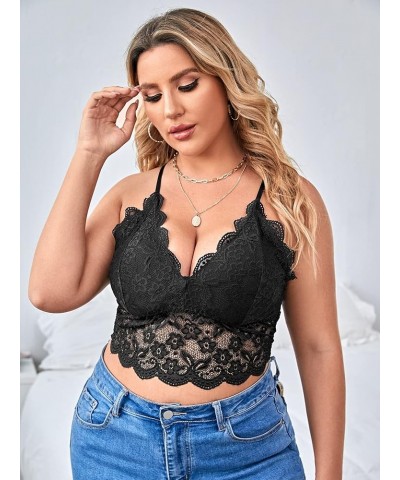 Women's Plus Lace V-Neck Floral Scallop Crop Cami Bust Backless Bralette Black $13.44 Tanks