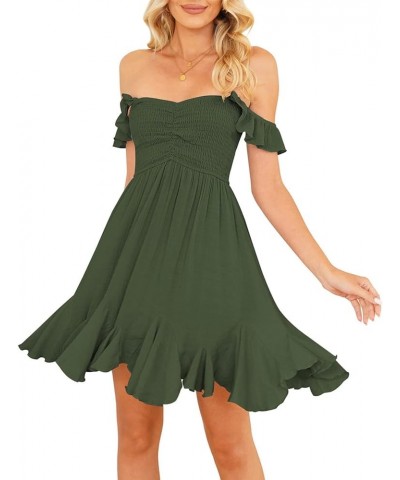 Women Fairy Mini Dress Off Shoulder Ruffle Flowy A-Line Summer Dresses Smocked Sleeveless Y2K Party Dress Flowy Army Green $1...