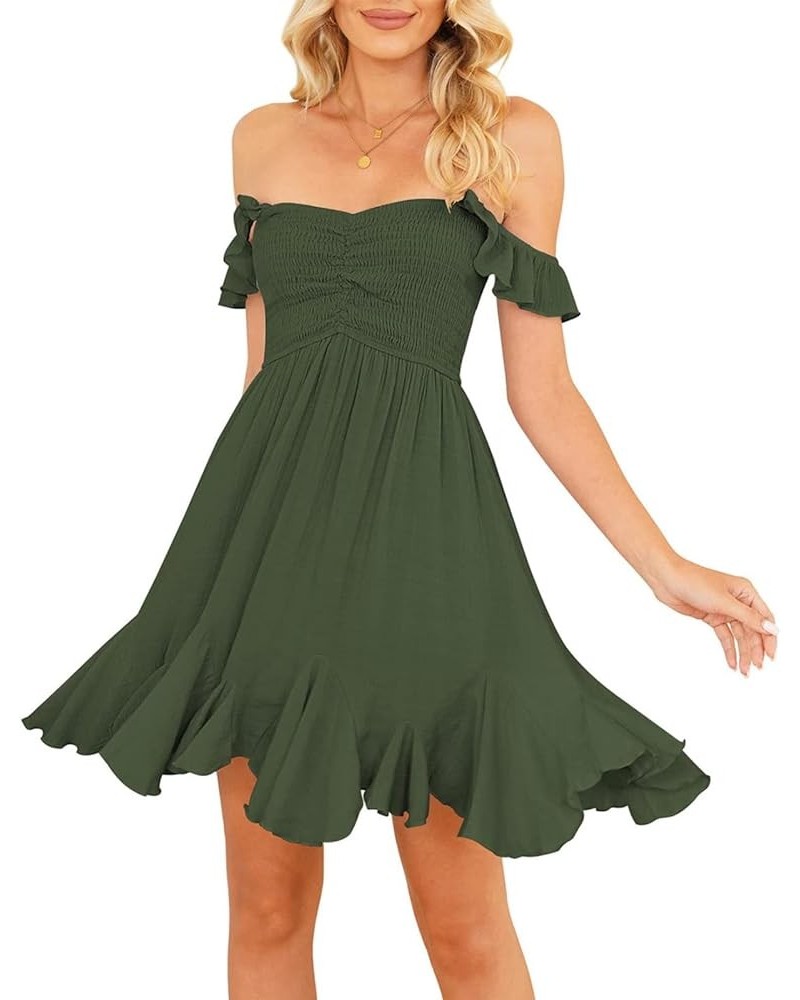 Women Fairy Mini Dress Off Shoulder Ruffle Flowy A-Line Summer Dresses Smocked Sleeveless Y2K Party Dress Flowy Army Green $1...