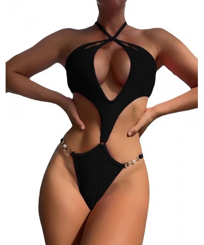 Women's Sexy One Piece Swimsuit Halter Deep V Neck Bathing Suit High Cut Monokini Black-x $15.80 Swimsuits