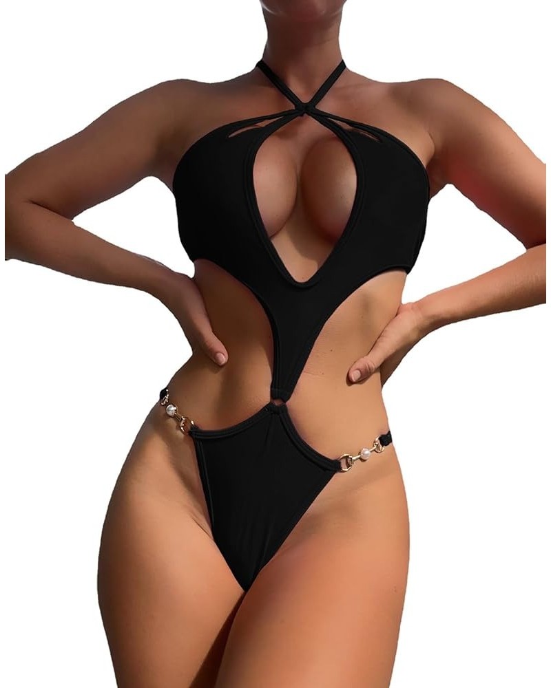 Women's Sexy One Piece Swimsuit Halter Deep V Neck Bathing Suit High Cut Monokini Black-x $15.80 Swimsuits