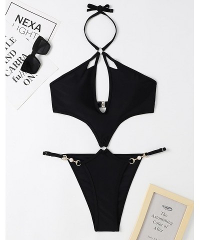 Women's Sexy One Piece Swimsuit Halter Deep V Neck Bathing Suit High Cut Monokini Black-x $15.80 Swimsuits